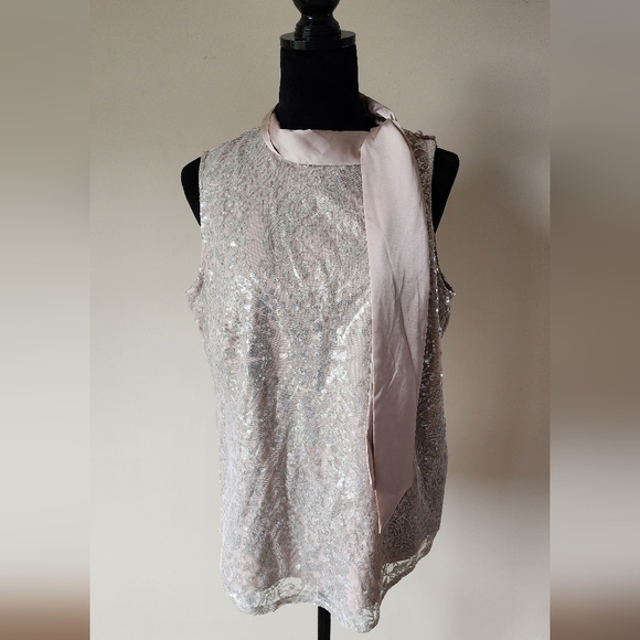 New York & Company Tops - Eve Mendes New York & Co Women's Sequin Champaign Ribbon Tie Size L.